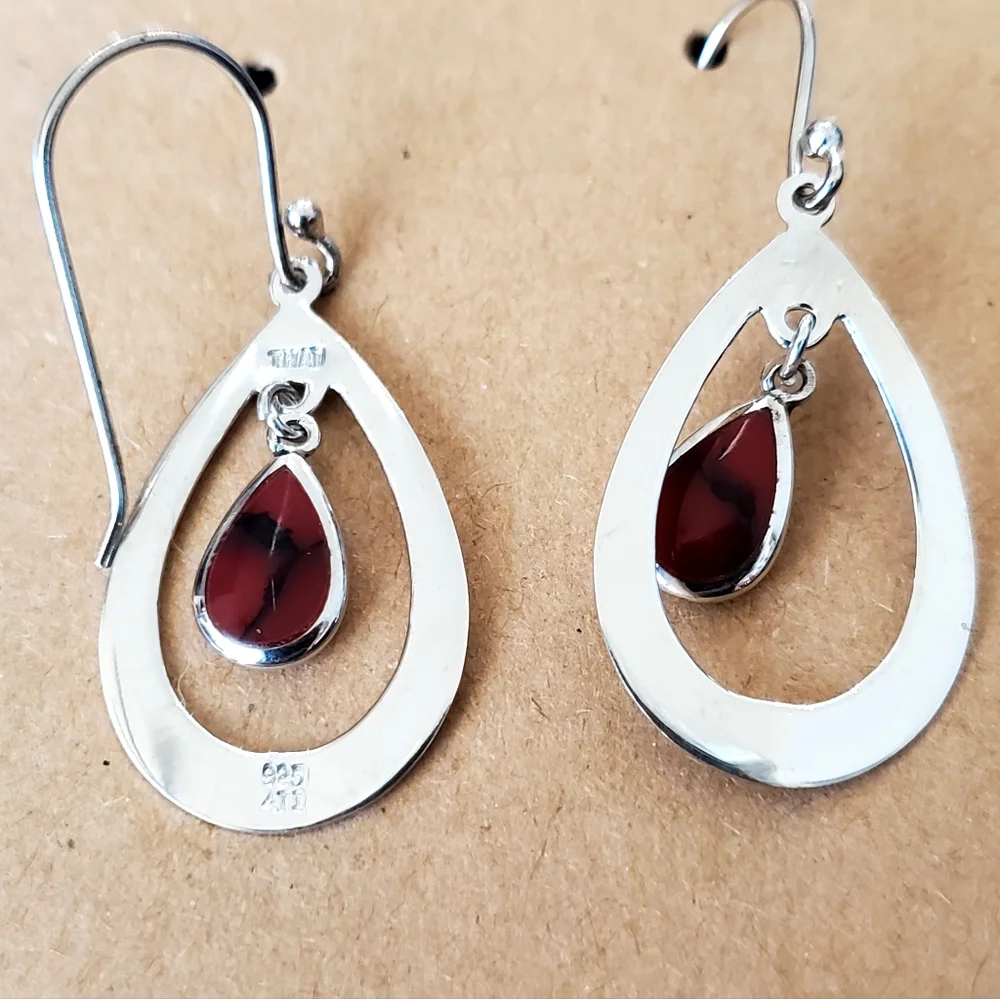 925 Sterling Silver Red Jasper Teardrop Earrings - Picture 3 of 7